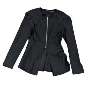 Poetry Black Peplum Blazer With Puff Shoulder Zipper front size S